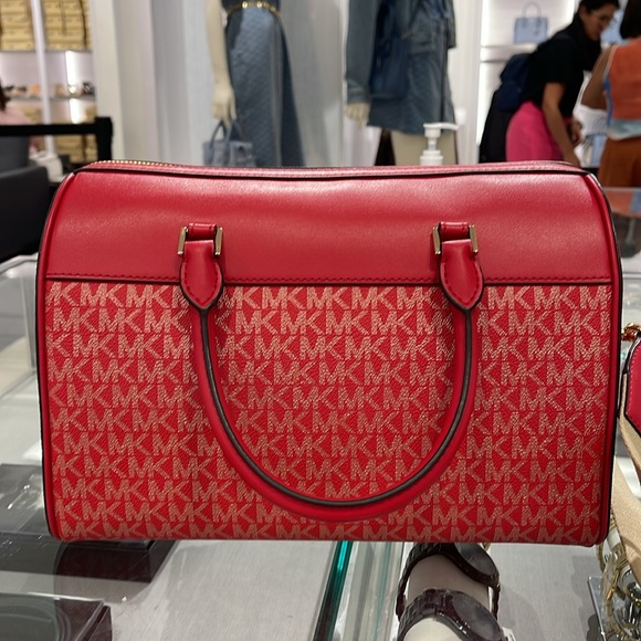 Michael Kors MK Jet Set Travel Medium Duffle Bag Satchel Bright Red MK Signature - Picture 7 of 16